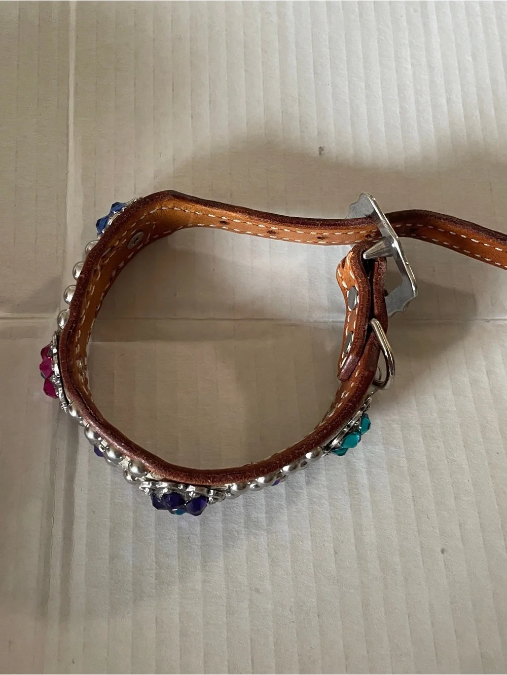 Dog Collar Embellished Brown Leather with Multicolor Stones